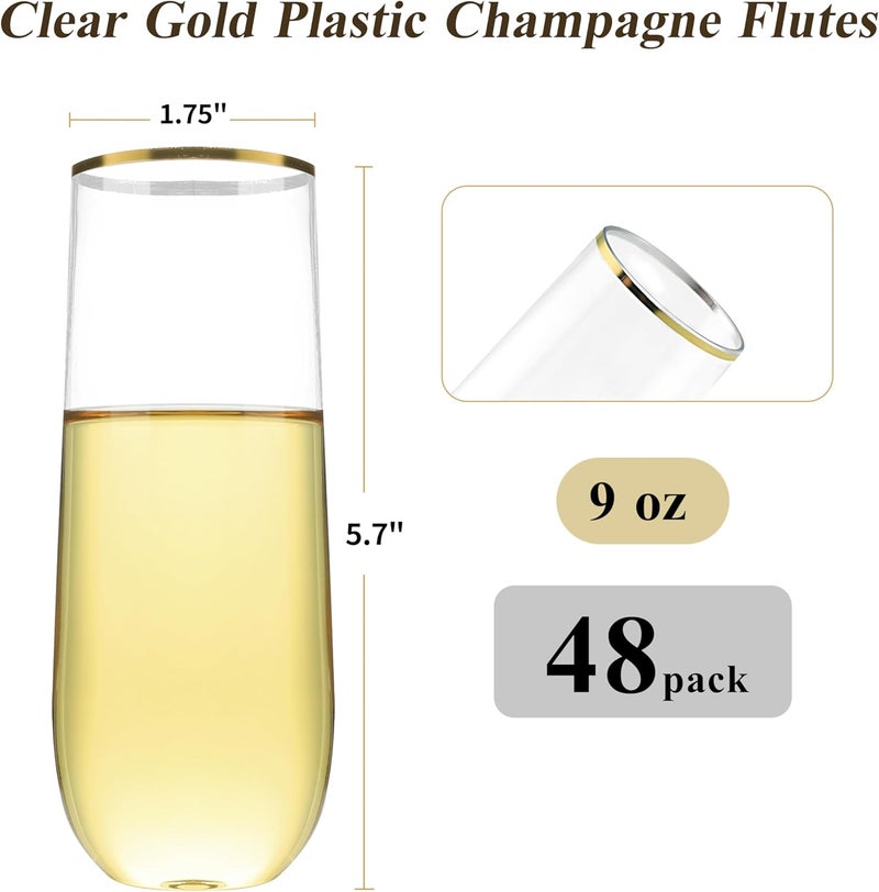 Bestluck 48 Pack 9 oz Stemless Plastic Champagne Flutes, Clear Disposable Champagne Glasses Gold Rim, Shatterproof and BPA-Free Drinkware for Party & Graduation & Wedding - Image 2